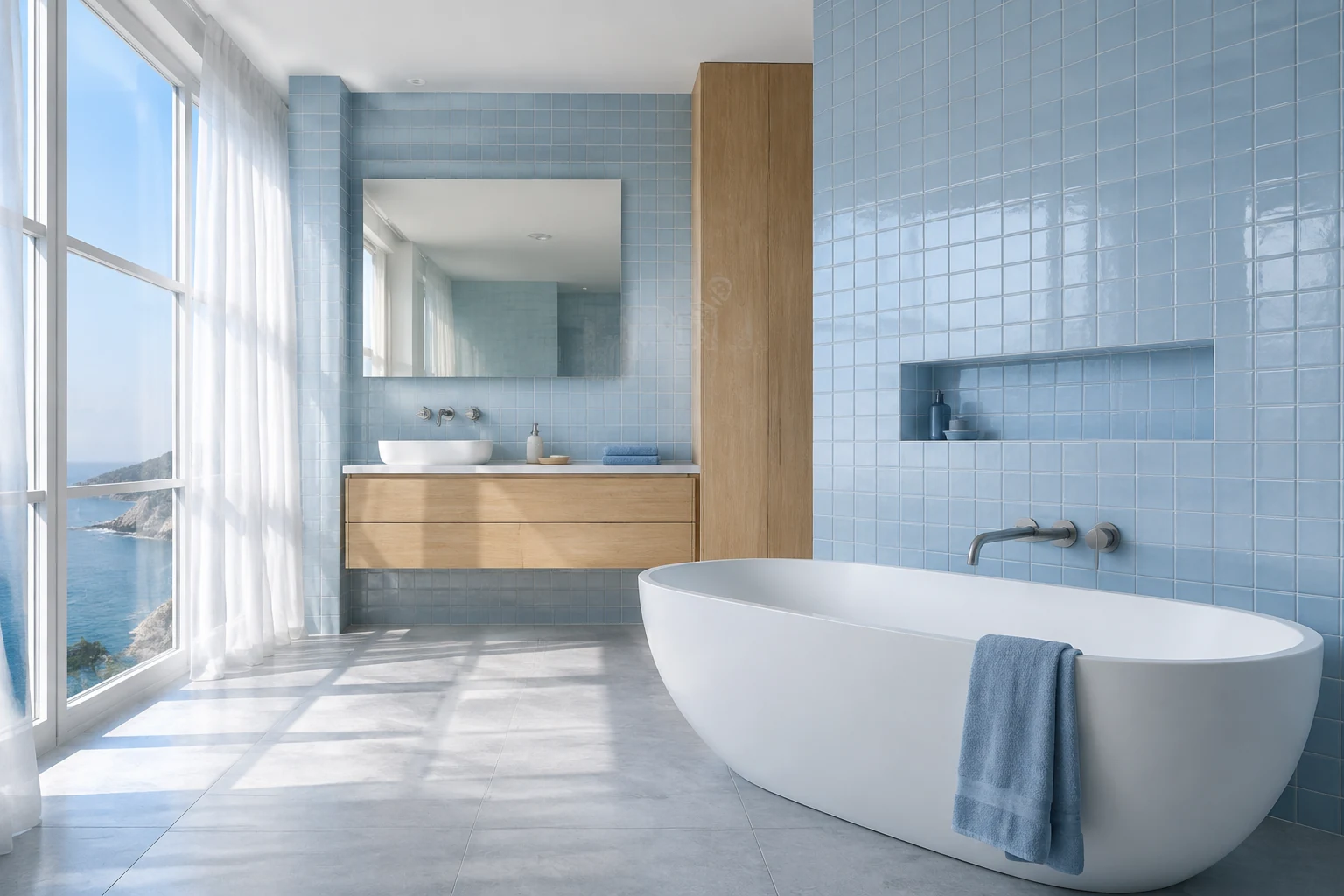 Salle de bain bleue, image d’inspiration générée par IA